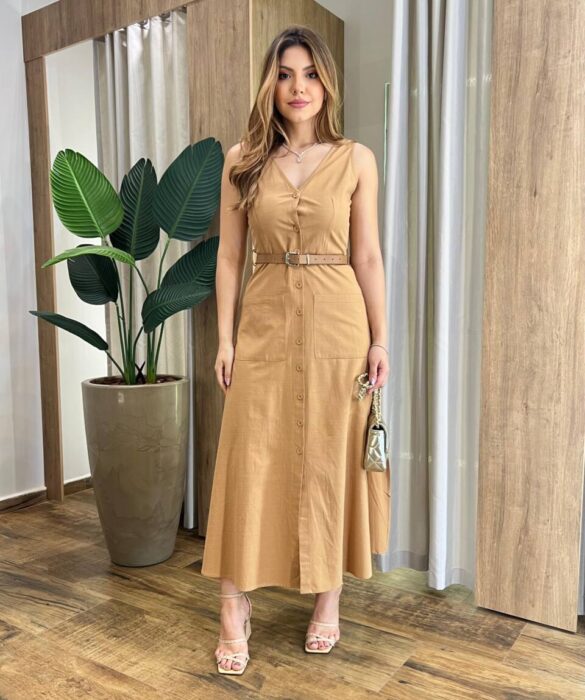 Vestido Midi Catarina sem Bojo com Botões e Cinto Caramelo - Fernanda Ramos Store