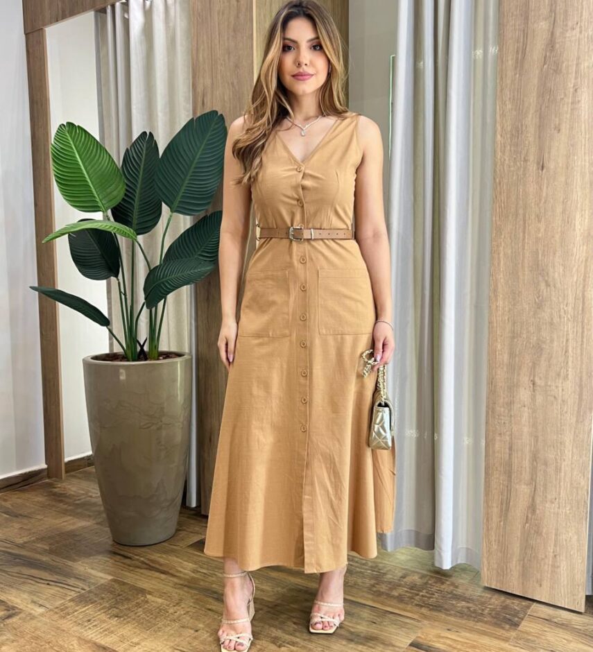 Vestido Midi Catarina sem Bojo com Botões e Cinto Caramelo - Fernanda Ramos Store