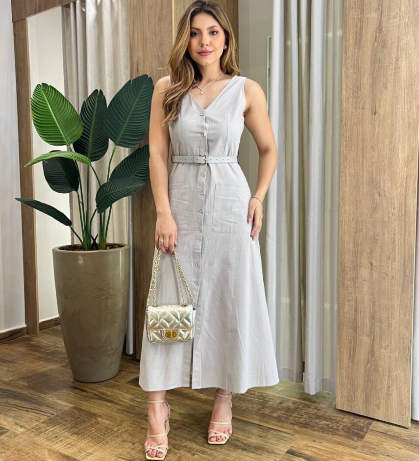 Vestido Midi Catarina sem Bojo com Botões e Cinto Cinza - Fernanda Ramos Store