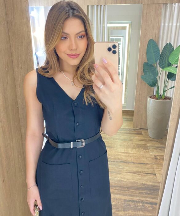 Vestido Midi Catarina sem Bojo com Botões e Cinto Preto - Fernanda Ramos Store