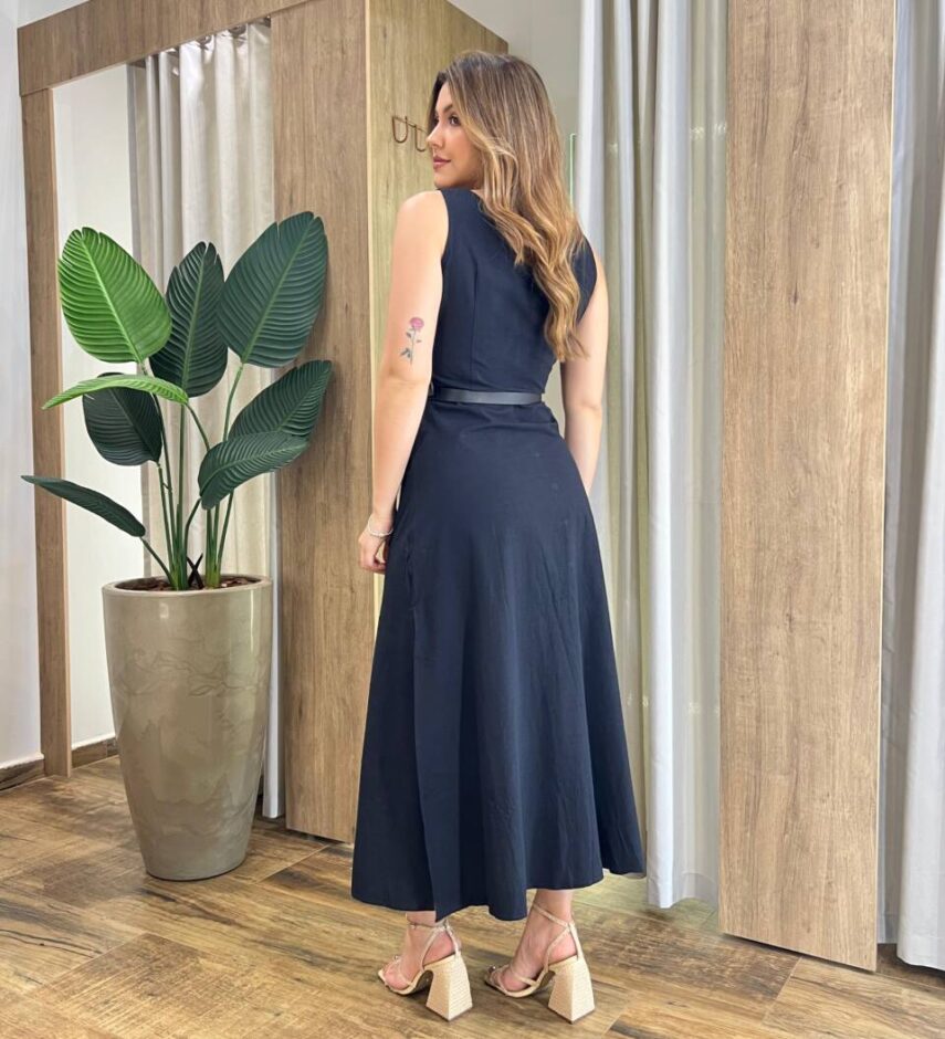Vestido Midi Catarina sem Bojo com Botões e Cinto Preto - Fernanda Ramos Store
