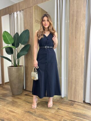 Vestido Midi Catarina sem Bojo com Botões e Cinto Preto - Fernanda Ramos Store