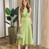 Vestido Midi Catarina sem Bojo com Botões e Cinto Verde Pistache - Fernanda Ramos Store