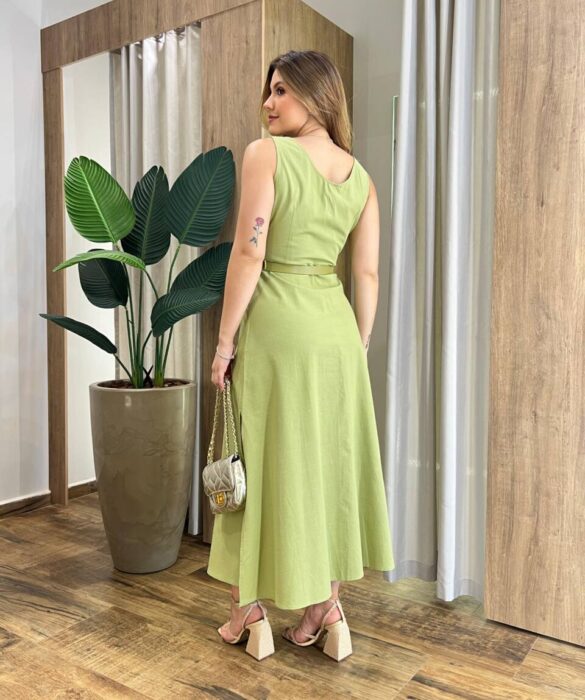 Vestido Midi Catarina sem Bojo com Botões e Cinto Verde Pistache - Fernanda Ramos Store