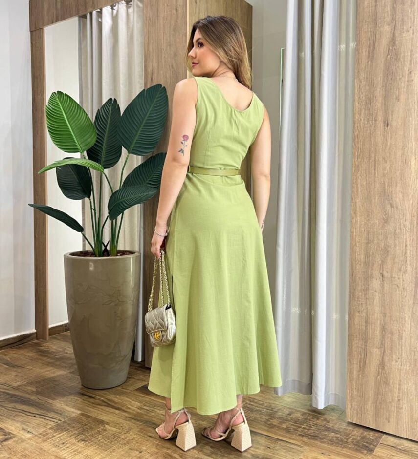 Vestido Midi Catarina sem Bojo com Botões e Cinto Verde Pistache - Fernanda Ramos Store