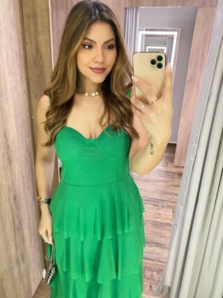 Vestido Midi com Bojo Gabrieli Tule Verde - Fernanda Ramos Store