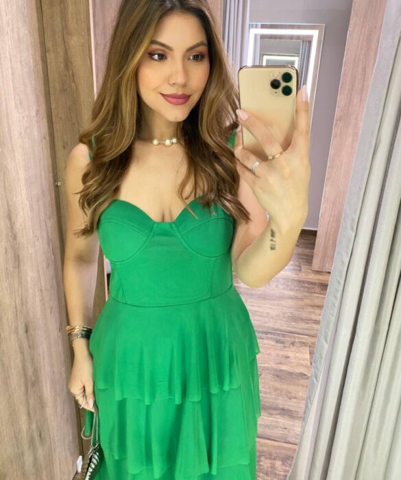 Vestido Midi com Bojo Gabrieli Tule Verde - Fernanda Ramos Store