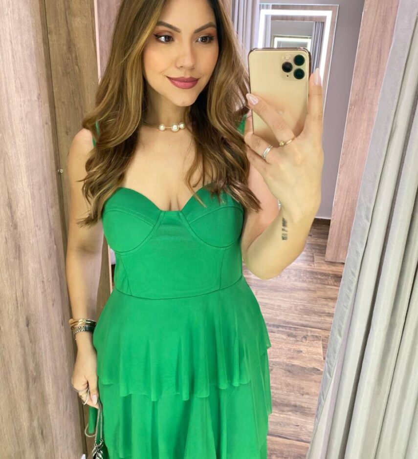 Vestido Midi com Bojo Gabrieli Tule Verde - Fernanda Ramos Store