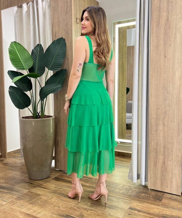 Vestido Midi com Bojo Gabrieli Tule Verde - Fernanda Ramos Store