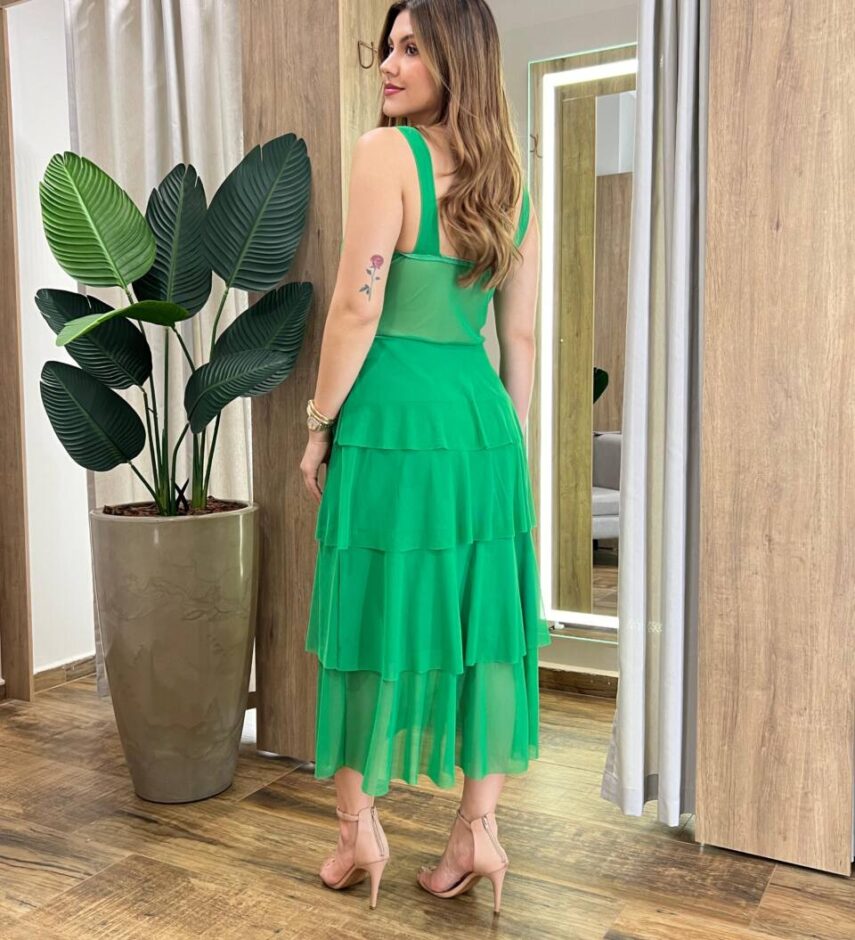 Vestido Midi com Bojo Gabrieli Tule Verde - Fernanda Ramos Store