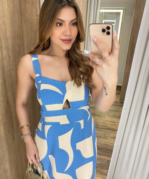 Vestido Midi Elo sem Bojo com Lastex Estampado Azul - Fernanda Ramos Store