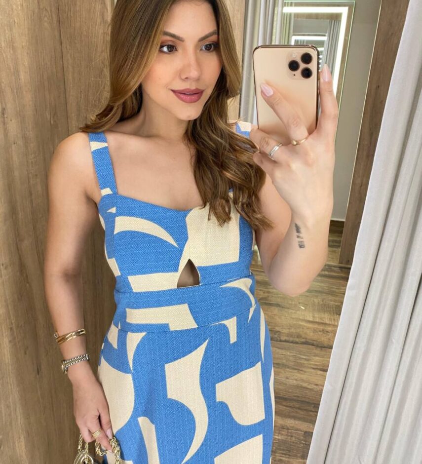 Vestido Midi Elo sem Bojo com Lastex Estampado Azul - Fernanda Ramos Store
