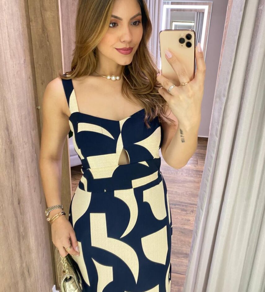 Vestido Midi Elo sem Bojo com Lastex Estampado Azul Marinho - Fernanda Ramos Store