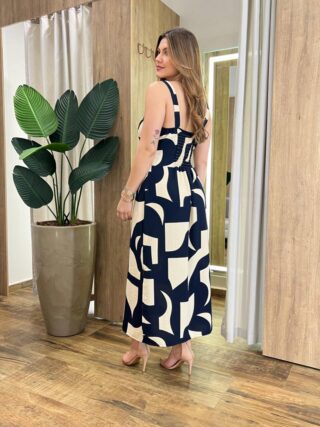 Vestido Midi Elo sem Bojo com Lastex Estampado Azul Marinho - Fernanda Ramos Store