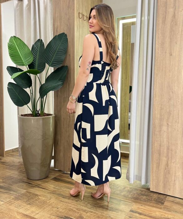 Vestido Midi Elo sem Bojo com Lastex Estampado Azul Marinho - Fernanda Ramos Store