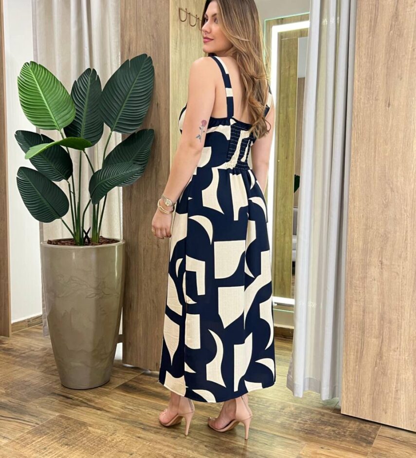 Vestido Midi Elo sem Bojo com Lastex Estampado Azul Marinho - Fernanda Ramos Store