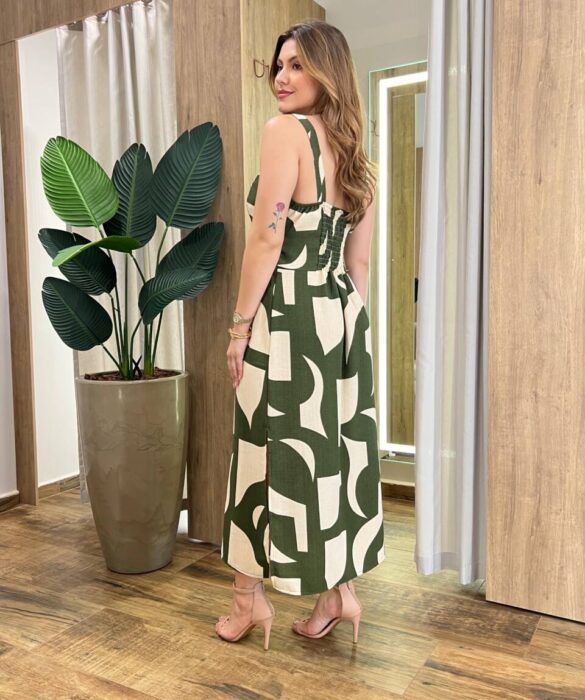 Vestido Midi Elo sem Bojo com Lastex Estampado Verde - Fernanda Ramos Store