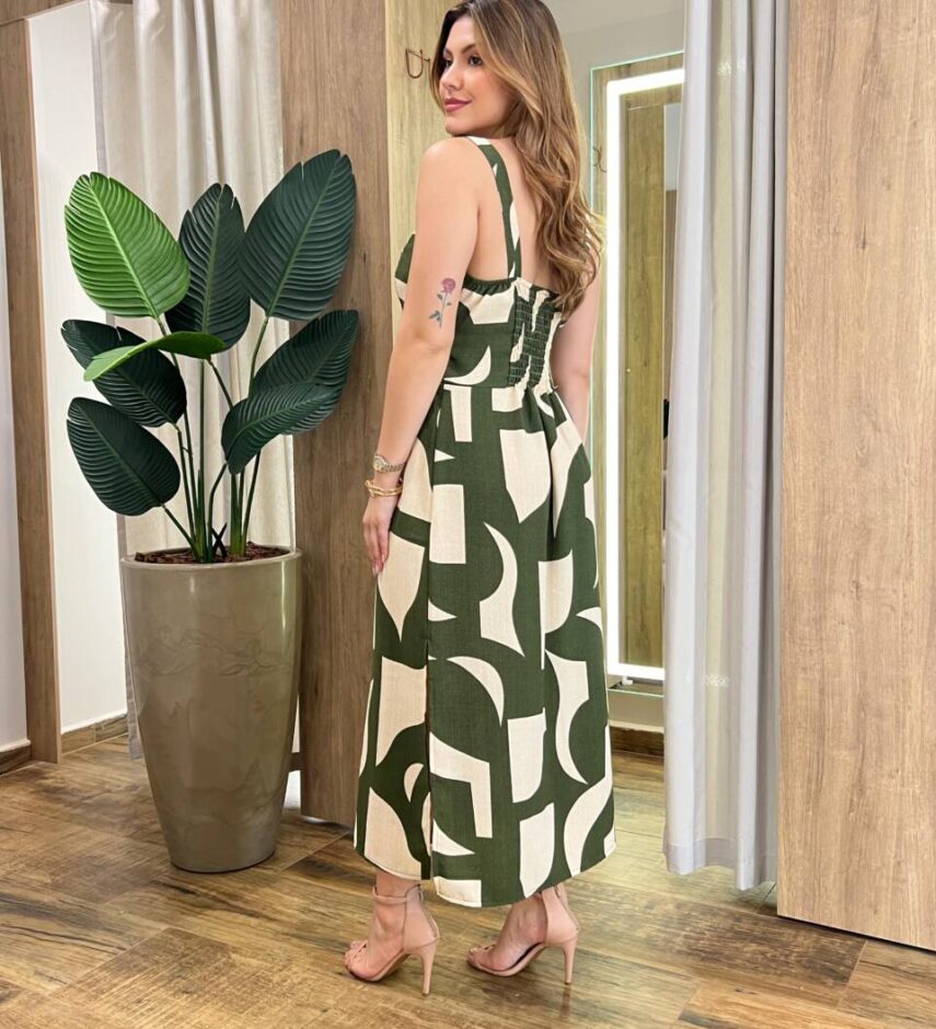 Vestido Midi Elo sem Bojo com Lastex Estampado Verde - Fernanda Ramos Store