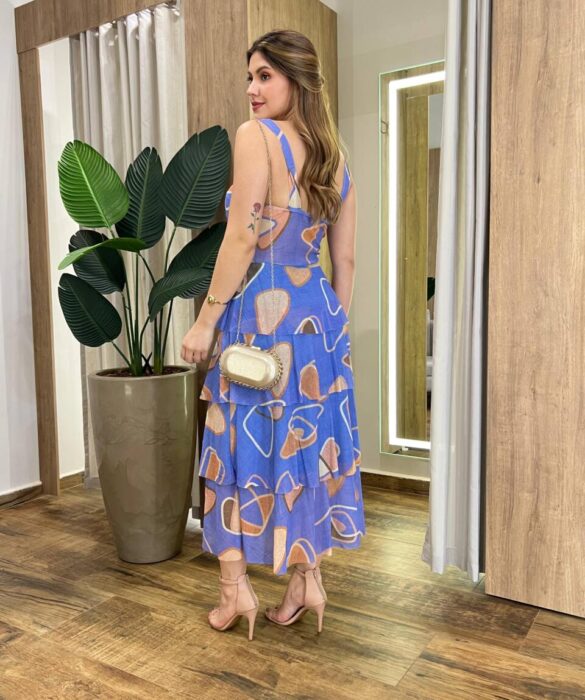 Vestido Midi Gabrieli com Bojo Tule Estampado Azul - Fernanda Ramos Store