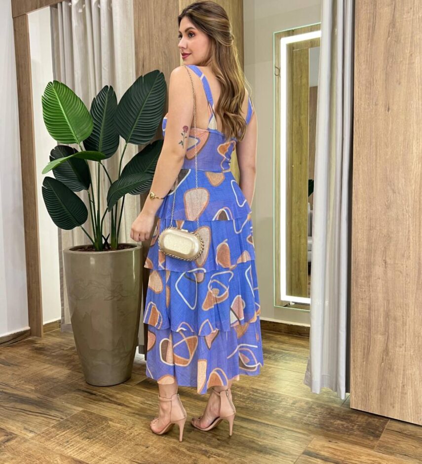 Vestido Midi Gabrieli com Bojo Tule Estampado Azul - Fernanda Ramos Store
