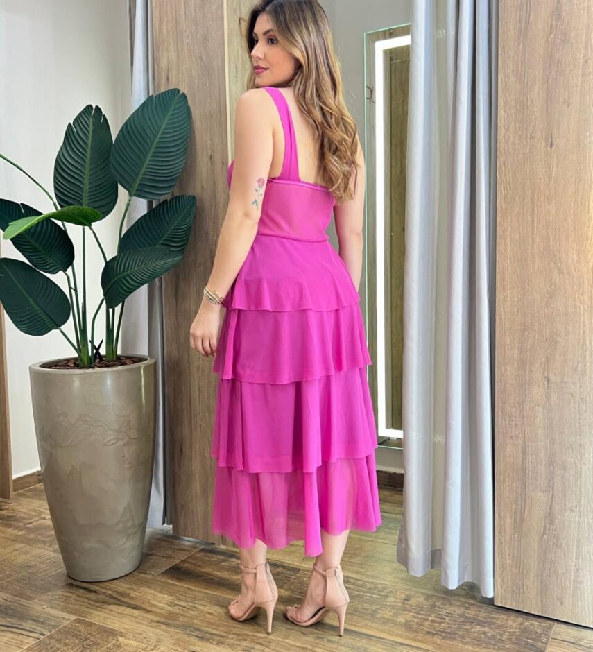 Vestido Midi Gabrieli com Bojo Tule Fúcsia - Fernanda Ramos Store