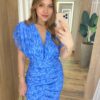 Vestido Midi Jéssica Tule Azul sem Bojo Manga Curta Fenda Frontal - Fernanda Ramos Store