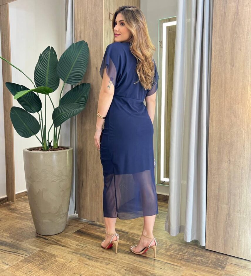 Vestido Midi Jéssica Tule Azul sem Bojo Manga Curta Fenda Frontal - Fernanda Ramos Store