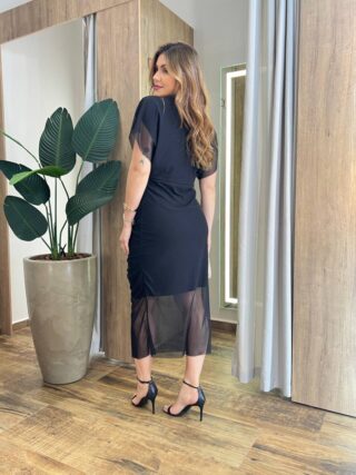 Vestido Midi Jéssica Tule Preto sem Bojo Manga Curta Fenda Frontal - Fernanda Ramos Store