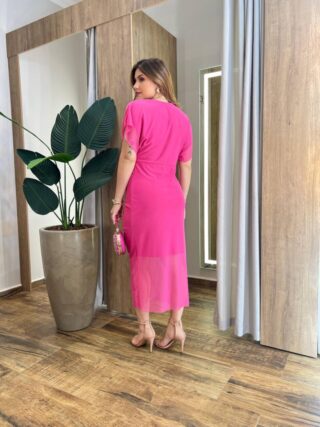 Vestido Midi Jéssica Tule Rosa sem Bojo Manga Curta Fenda Frontal - Fernanda Ramos Store