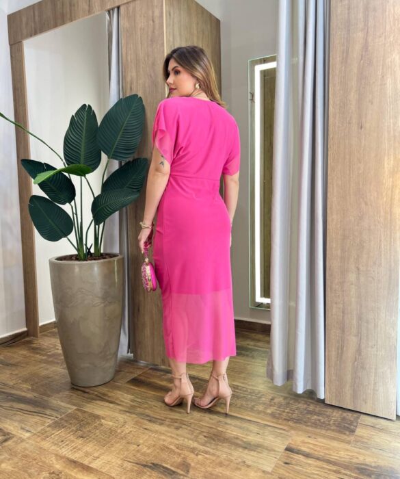 Vestido Midi Jéssica Tule Rosa sem Bojo Manga Curta Fenda Frontal - Fernanda Ramos Store