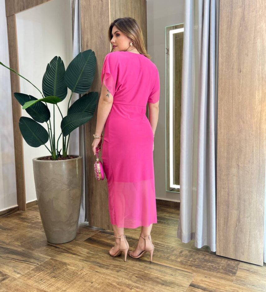 Vestido Midi Jéssica Tule Rosa sem Bojo Manga Curta Fenda Frontal - Fernanda Ramos Store
