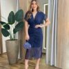 Vestido Midi Jéssica Tule Azul sem Bojo Manga Curta Fenda Frontal - Fernanda Ramos Store