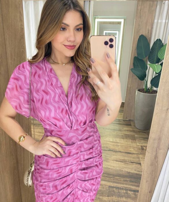 Vestido Midi Jéssica Tule sem Bojo Manga Curta Fenda Frontal Fúcsia - Fernanda Ramos Store