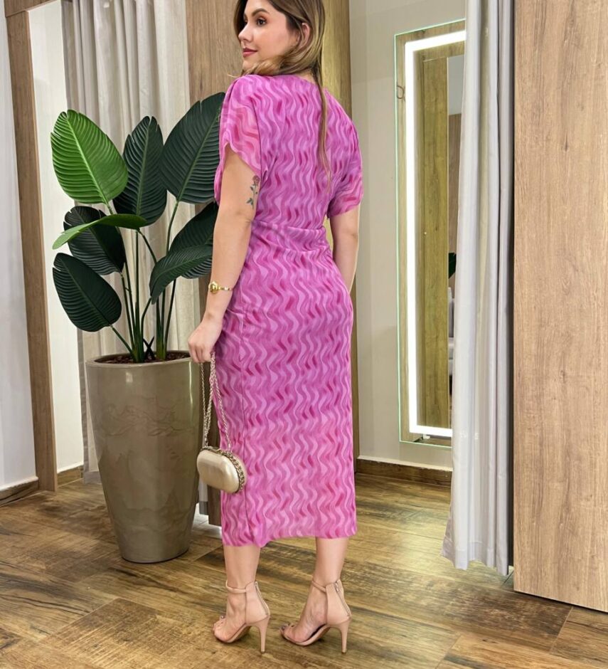 Vestido Midi Jéssica Tule sem Bojo Manga Curta Fenda Frontal Fúcsia - Fernanda Ramos Store