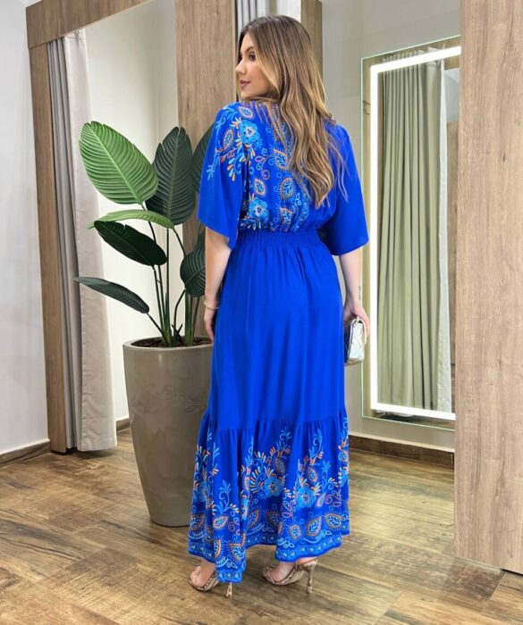 Vestido Midi Júlia sem Bojo Manga 3/4 com Lastex Azul Estampado - Fernanda Ramos Store