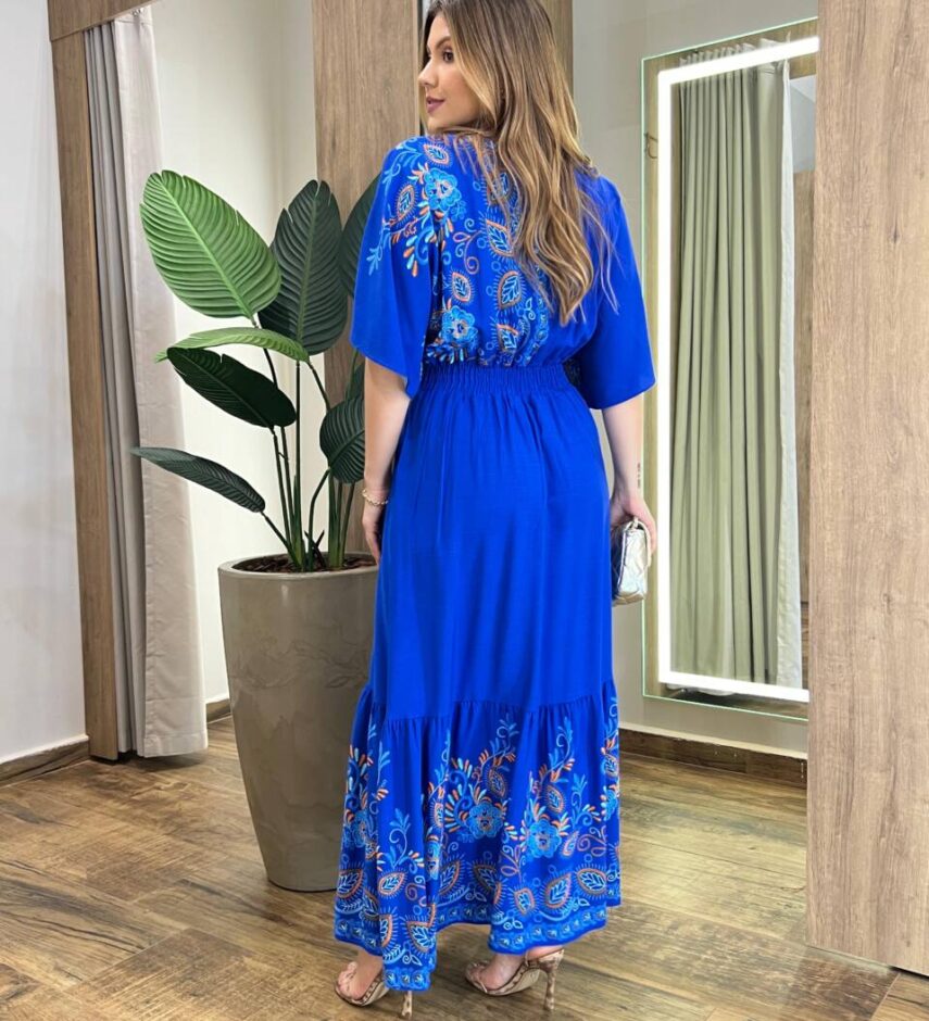 Vestido Midi Júlia sem Bojo Manga 3/4 com Lastex Azul Estampado - Fernanda Ramos Store
