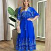 Vestido Midi Júlia sem Bojo Manga 3/4 com Lastex Azul Estampado - Fernanda Ramos Store