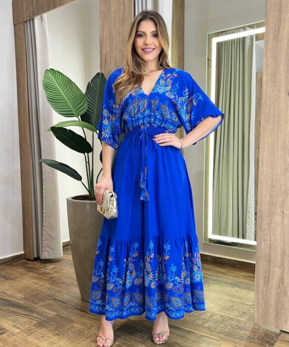 Vestido Midi Júlia sem Bojo Manga 3/4 com Lastex Azul Estampado - Fernanda Ramos Store