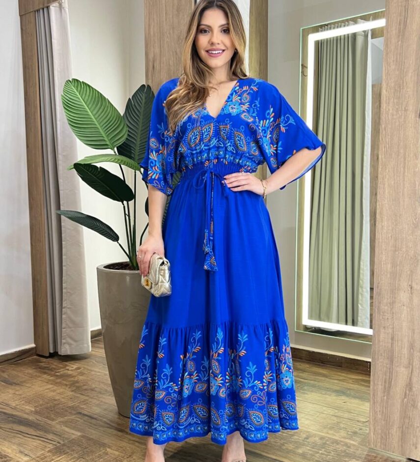 Vestido Midi Júlia sem Bojo Manga 3/4 com Lastex Azul Estampado - Fernanda Ramos Store