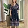 Vestido Midi Júlia sem Bojo Manga 3/4 com Lastex Preto Estampado - Fernanda Ramos Store