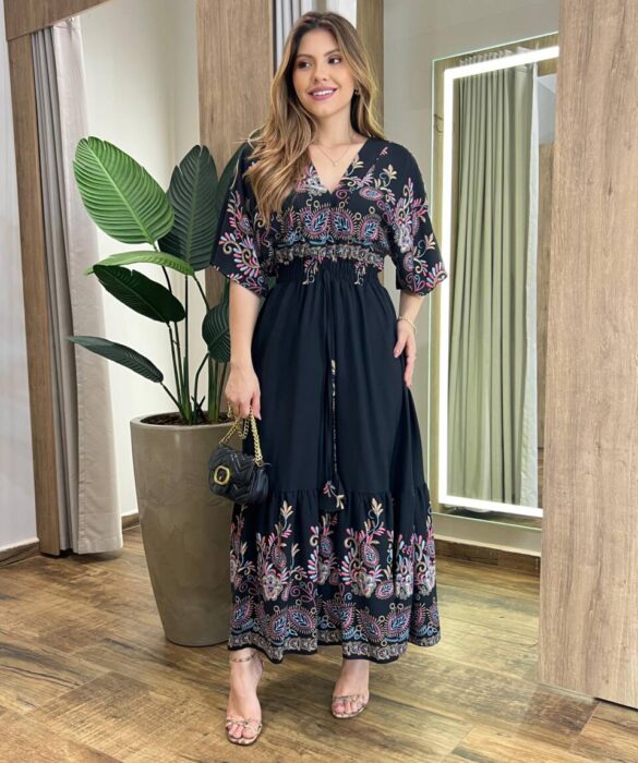 Vestido Midi Júlia sem Bojo Manga 3/4 com Lastex Preto Estampado - Fernanda Ramos Store