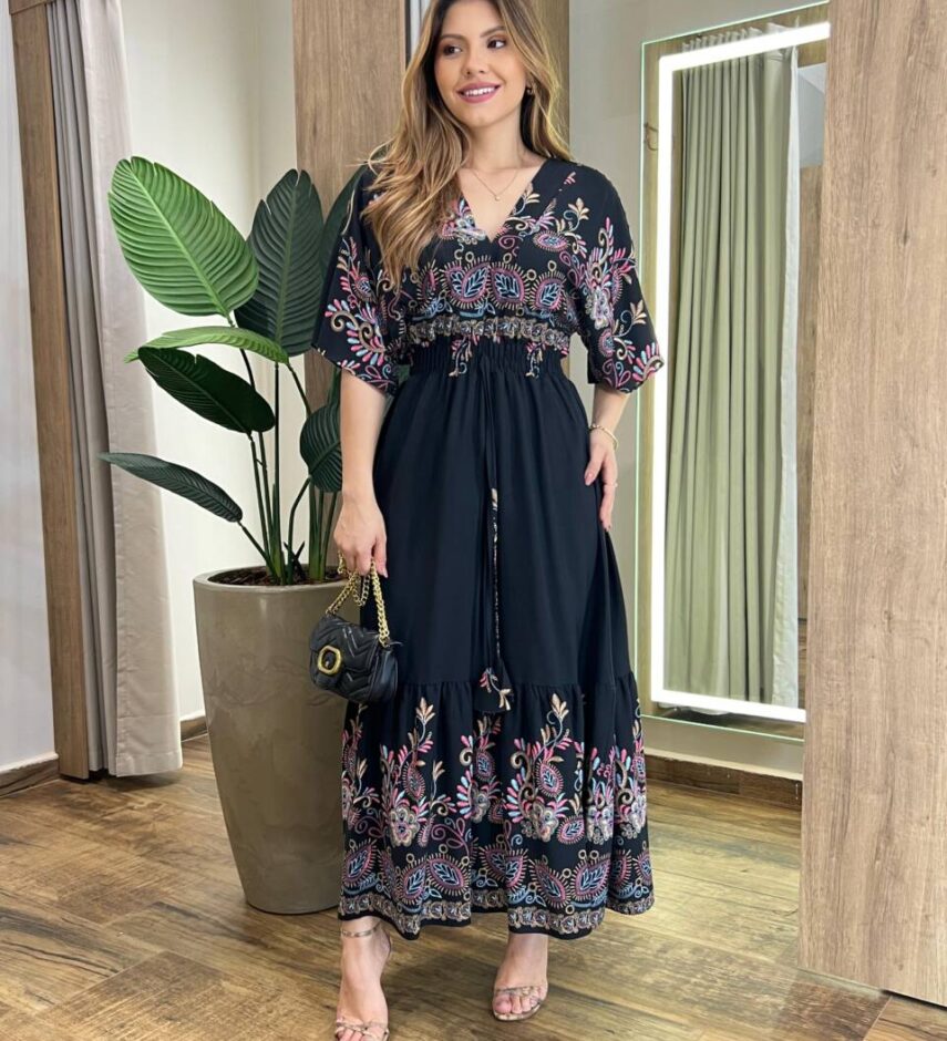 Vestido Midi Júlia sem Bojo Manga 3/4 com Lastex Preto Estampado - Fernanda Ramos Store