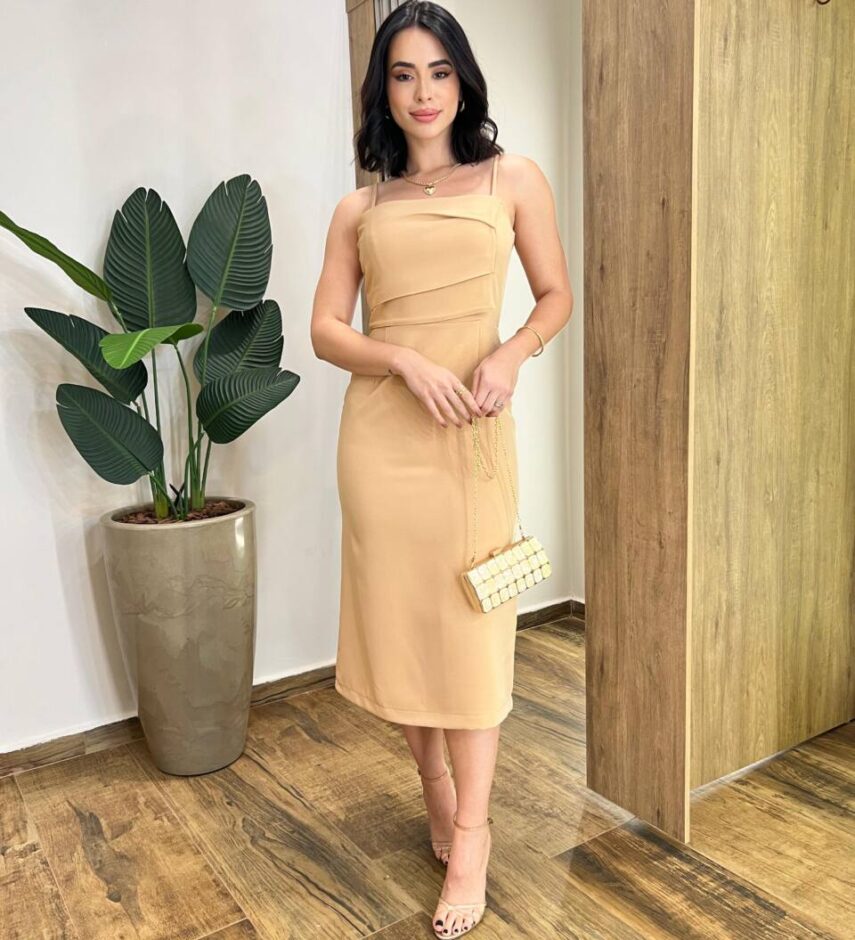 Vestido Midi Laís sem Bojo Alça Regulável com Zíper Atrás Bege - Fernanda Ramos Store