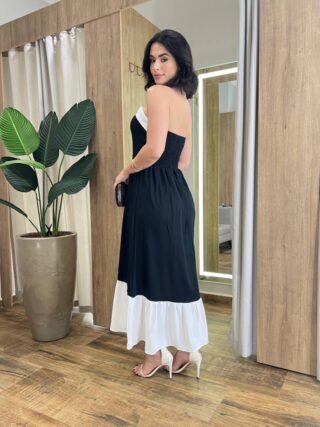 Vestido Midi Lara sem Bojo Tomara que Caia Preto com Detalhe Branco - Fernanda Ramos Store