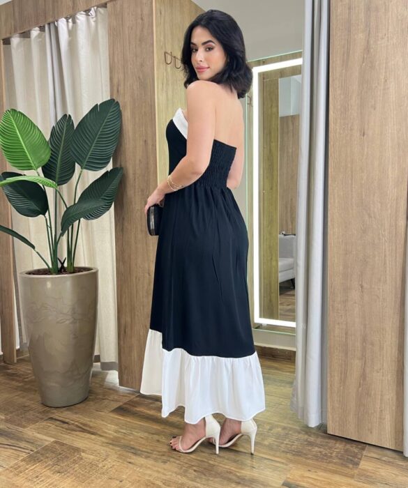 Vestido Midi Lara sem Bojo Tomara que Caia Preto com Detalhe Branco - Fernanda Ramos Store