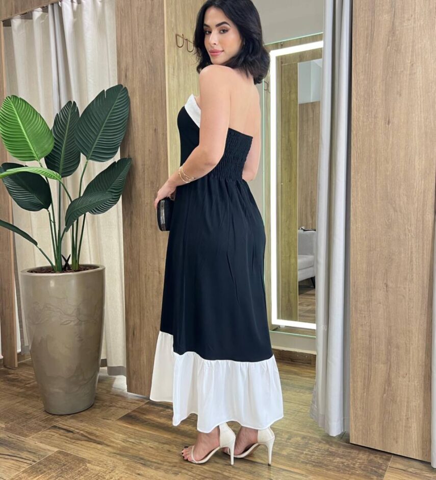 Vestido Midi Lara sem Bojo Tomara que Caia Preto com Detalhe Branco - Fernanda Ramos Store