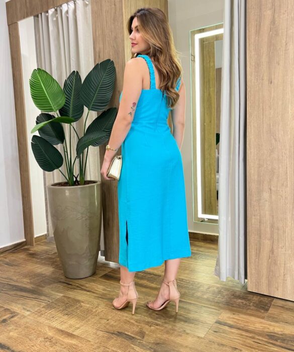 Vestido Midi Lívia sem Bojo com Fenda Lateral e Zíper Atrás Azul - Fernanda Ramos Store