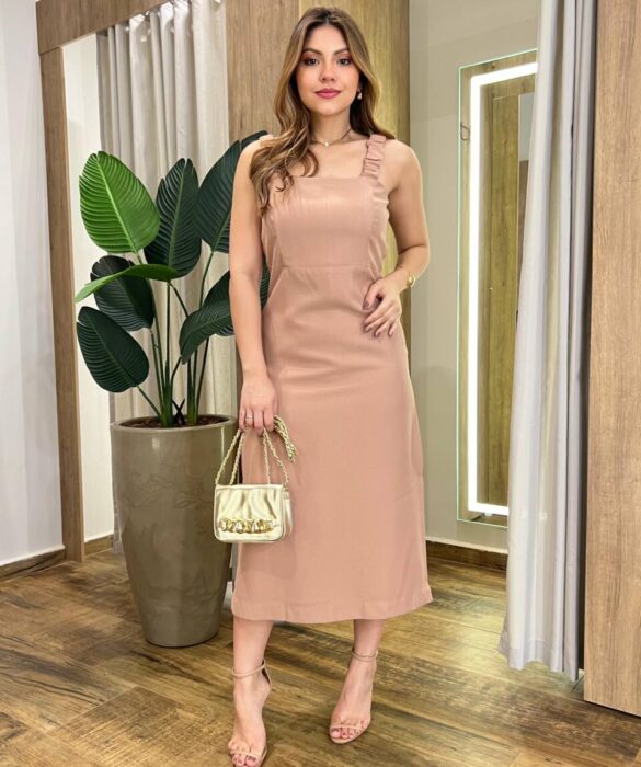 Vestido Midi Lívia sem Bojo com Fenda Lateral e Zíper Atrás Bege - Fernanda Ramos Store