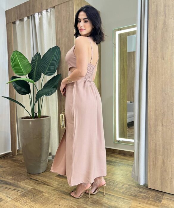 Vestido Midi Luna Alça Regulável com Bojo e Fenda Bege - Fernanda Ramos Store