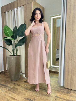 Vestido Midi Luna Alça Regulável com Bojo e Fenda Bege - Fernanda Ramos Store